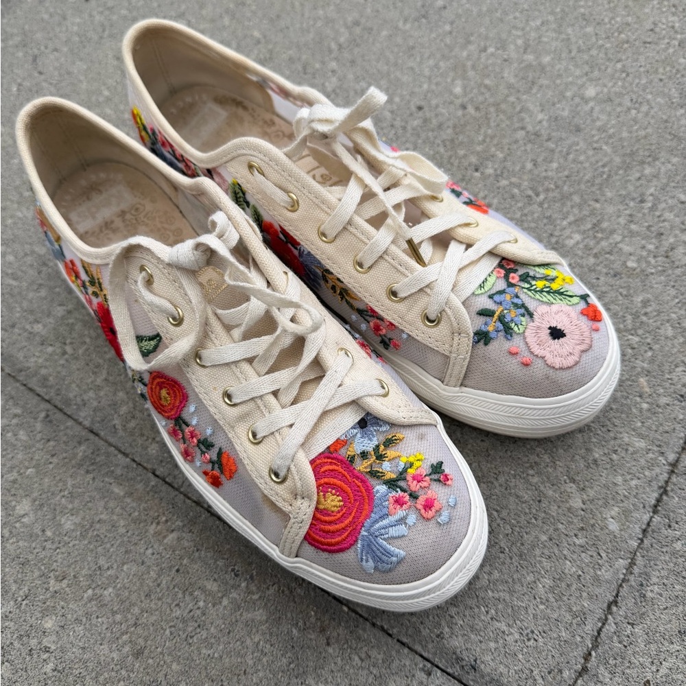 Keds Cream Canvas Sneakers with Multicolor Floral Embroidery
